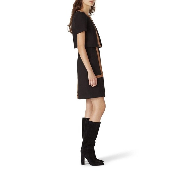 Toccin Women's 12 Two-Tone Faux Suede Short Sleeve Overlay Dress Black Sheath - Picture 12 of 12